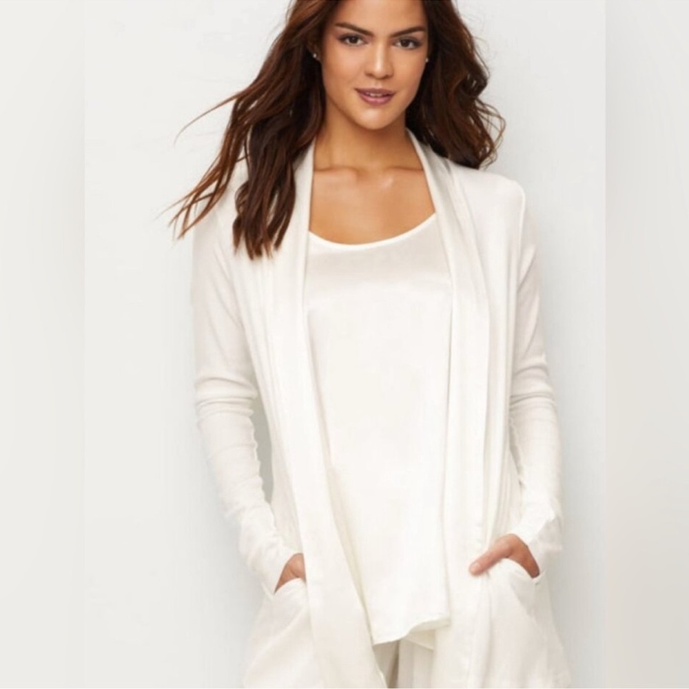 PJ Harlow Shelby lounge cardigan pajamas satin trim in Pearl white sz XS NEW NWT